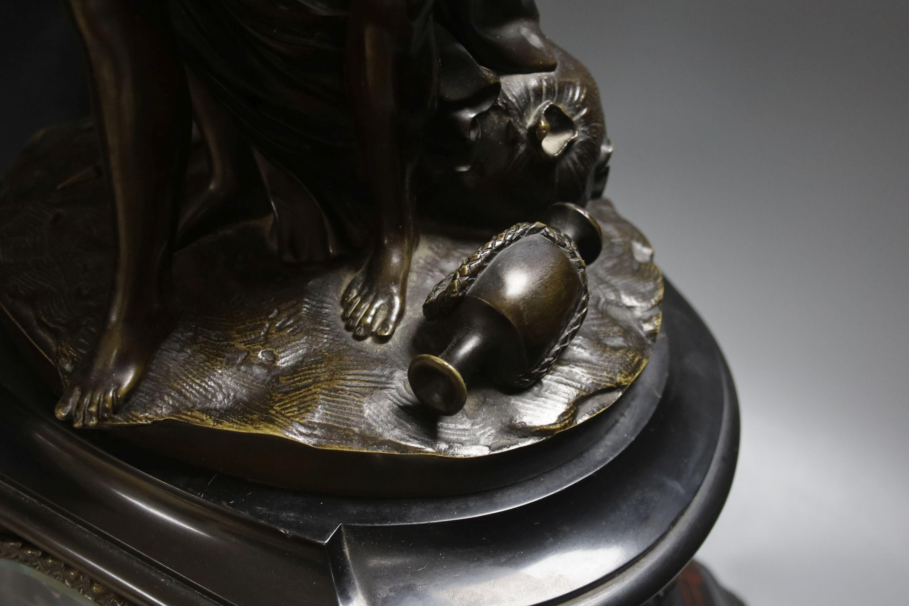 A large 19th century bronze and marble figural mantle clock, Gautier editeur foundry mark 64cm. Key and pendulum